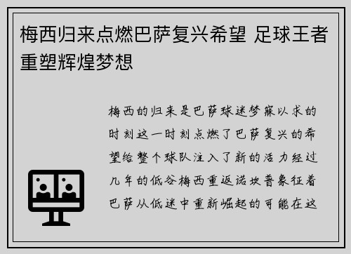 梅西归来点燃巴萨复兴希望 足球王者重塑辉煌梦想