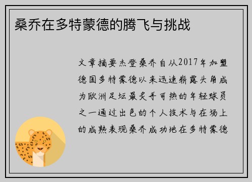 桑乔在多特蒙德的腾飞与挑战