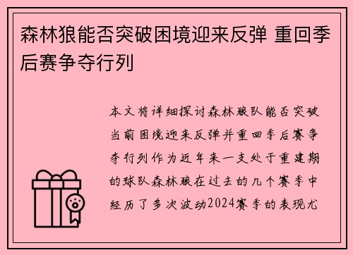 森林狼能否突破困境迎来反弹 重回季后赛争夺行列